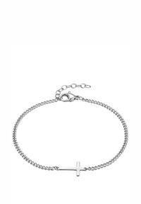 Pulsera de cadena de plata con un colgante de cruz plana. La cadena tiene eslabones redondos y un cierre de langosta con una cadena de extensión ajustable.