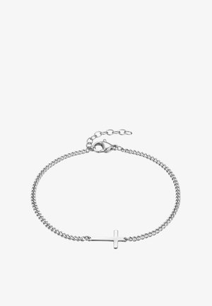 Silberarmband mit flachem Kreuzanhänger. Die Kette hat runde Glieder und einen Karabinerverschluss mit verstellbarem Verlängerungsglied.