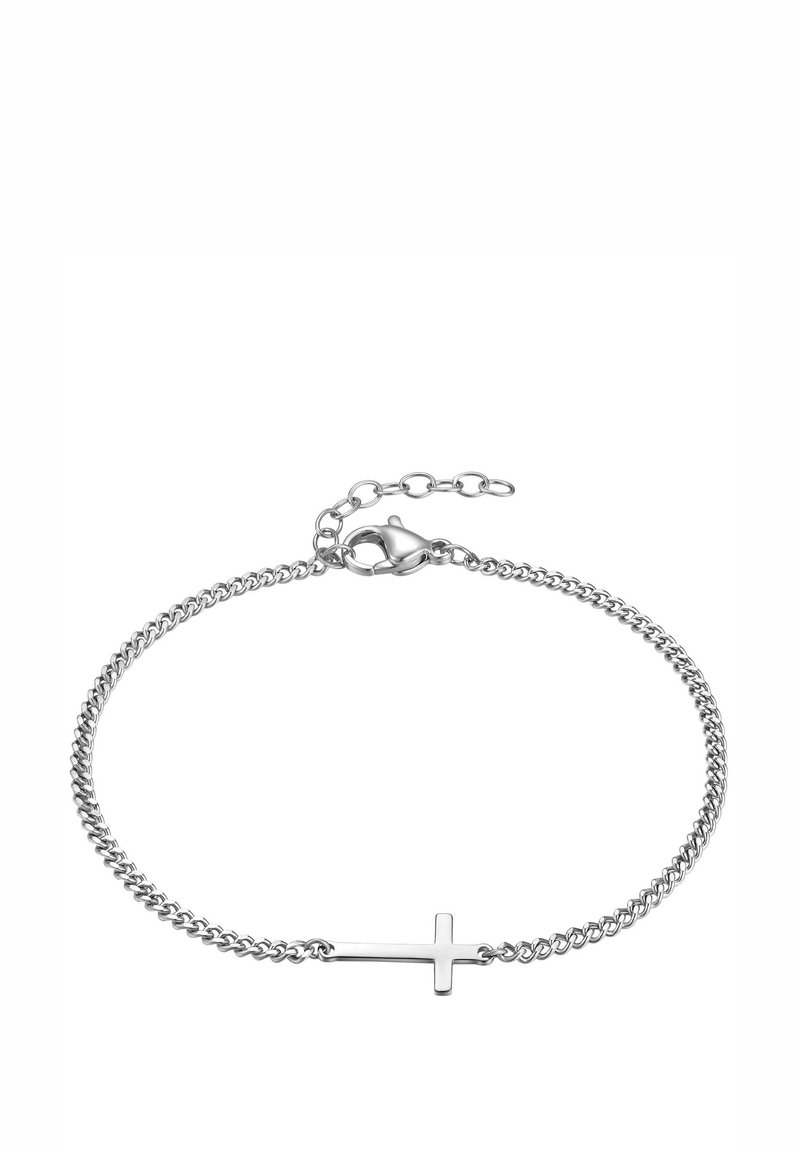 Pulsera de cadena de plata con un colgante de cruz plana. La cadena tiene eslabones redondos y un cierre de langosta con una cadena de extensión ajustable.