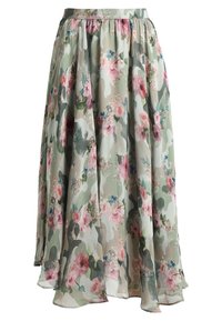 Jupe fleurie en tissu léger ; présente un mélange de nuances de rose et de vert avec un motif camouflé et une taille froncée.