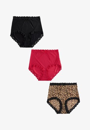 Trois paires de culottes taille haute pour femmes en noir, rouge et imprimé léopard, chacune avec un bord en dentelle et un petit nœud à la taille.