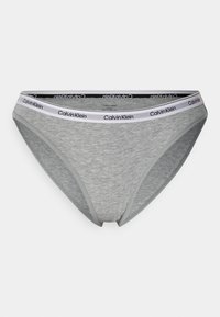 Slip in cotone grigio con cintura elastica sottile, caratterizzato da un logo Calvin Klein in bianco e nero. Texture liscia e design classico dell'intimo.