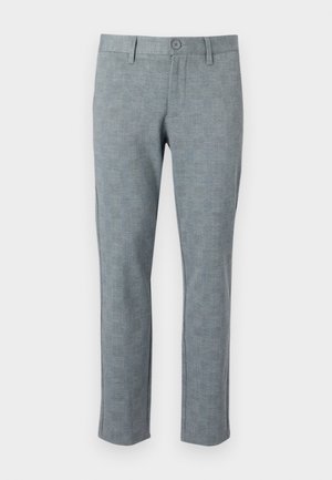 Grau strukturierte Hose mit einem subtilen Karomuster. Verfügt über einen Knopfverschluss und ein gerades Bein-Design, hergestellt aus leichtem Stoff.