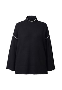 Černý svetr s vysokým výstřihem a volným střihem. Disponuje bílým kontrastním prošíváním kolem výstřihu a rukávů, pletenou texturou a žebrovaným lemem.
