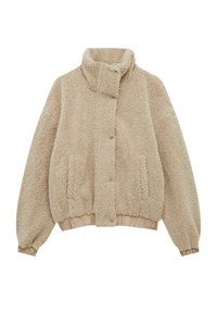 Beige fleece jacket with a high collar, front buttons, elasticized cuffs, and hem, featuring side pockets and a textured surface.