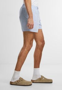 Shorts rayés bleus avec une taille élastique, assortis avec des sabots en suède beige et des chaussettes blanches. Tissu lisse et design décontracté.