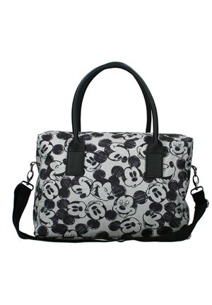 Zwart en grijs stoffen tas met een all-over Mickey Mouse print, stevige zwarte synthetische handvatten en een afneembare schouderriem.