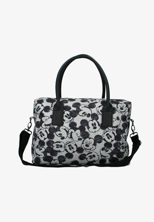 Zwart en grijs stoffen tas met een all-over Mickey Mouse print, stevige zwarte synthetische handvatten en een afneembare schouderriem.