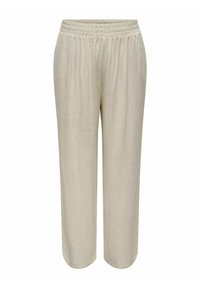 Beige, lichtgewicht linnen broek met een elastische tailleband. Heeft een losse pasvorm en een recht ontwerp, zachte textuur en subtiele glans.