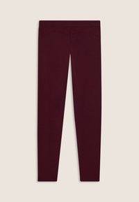 Leggings bordeaux realizzati in un tessuto liscio e elasticizzato. Presentano un'alta vita e una silhouette aderente, adatti sia per l'abbigliamento casual che per l'esercizio fisico.