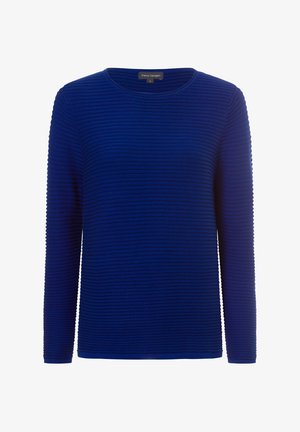 Blau gestreifter Langarmpullover mit Rundhalsausschnitt, der ein strukturiertes Rippmuster aufweist. Hergestellt aus weichem Material, geeignet für die Freizeit.
