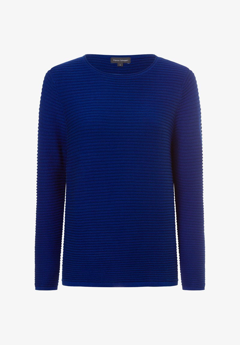 Blau gestreifter Langarmpullover mit Rundhalsausschnitt, der ein strukturiertes Rippmuster aufweist. Hergestellt aus weichem Material, geeignet für die Freizeit.