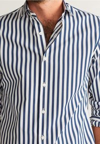 Camicia a righe blu e bianche in cotone, con chiusura a bottoni, colletto a punta e maniche arrotolate.