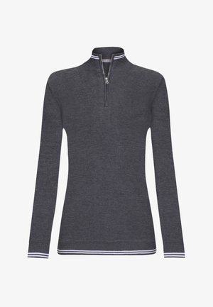 Ciemnoszara, długorękawowa bluza z półzamkiem, z prążkowanym kołnierzem oraz paskowanymi akcentami na mankietach i dolnym brzegu. Miękka, dzianinowa tekstura.
