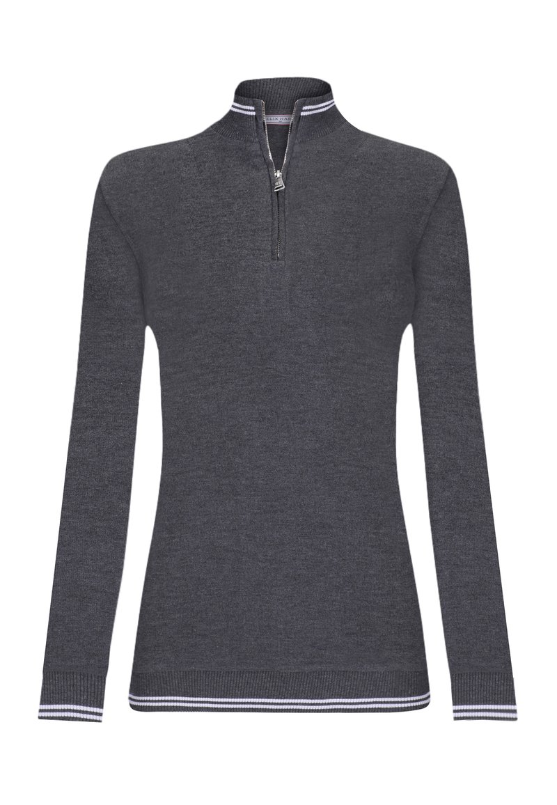 Pull-over à manches longues gris foncé avec une demi-fermeture éclair, présentant un col côtelé et des accents rayés aux poignets et à l'ourlet. Texture douce et tricotée.