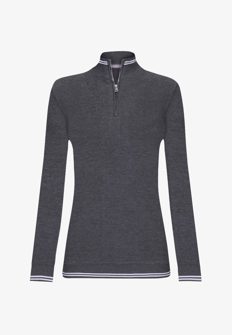 Pull-over à manches longues gris foncé avec une demi-fermeture éclair, présentant un col côtelé et des accents rayés aux poignets et à l'ourlet. Texture douce et tricotée.
