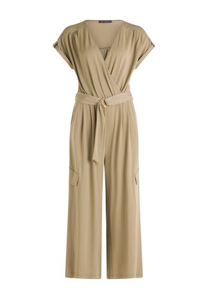 Khakifarbener Jumpsuit mit kurzen Ärmeln, V-Ausschnitt, Taillenzug, weitem Bein und zwei seitlichen Taschen. Aus einem weichen, fließenden Stoff gefertigt.