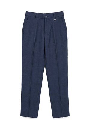 Pantaloni blu navy su misura con chiusura a bottone, passanti per cintura, tasche laterali e design a gamba dritta slim.