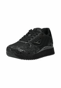 Sneakers neri con design testurizzato, lacci sul davanti e suola in gomma. Presentano un accento con logo e una parte superiore in tessuto fantasia.