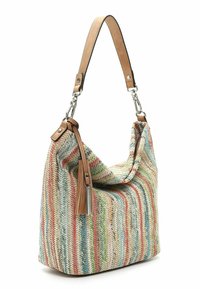 Sac à main en tissu multicolore tissé avec une forme décontractée, une bandoulière en cuir beige et des accents en métal argenté. Poche intérieure avec fermeture éclair visible.