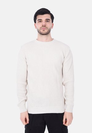Maglione lavorato a maglia color beige chiaro con scollatura tonda, maniche lunghe e texture a coste, con orlo dritto e polsini aderenti.
