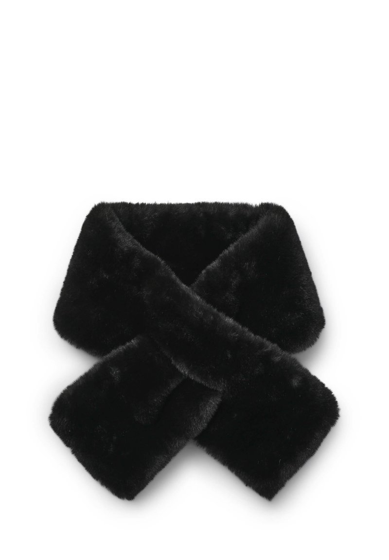 Czarny kołnierz z futra syntetycznego o miękkiej, puszystej strukturze. Posiada nakładany krój, co zwiększa komfort i ciepło. Brak dodatkowych zdobień.