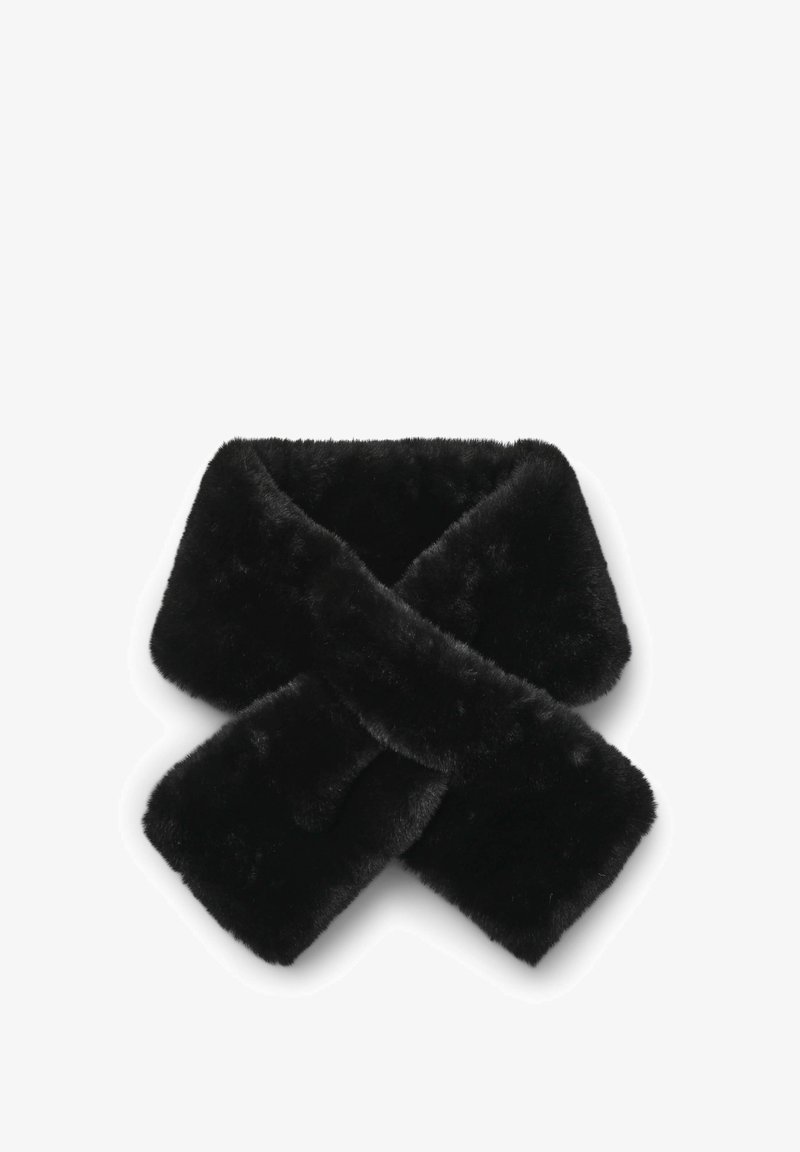 Czarny kołnierz z futra syntetycznego o miękkiej, puszystej strukturze. Posiada nakładany krój, co zwiększa komfort i ciepło. Brak dodatkowych zdobień.