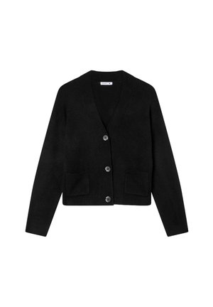 Cardigan nero realizzato in tessuto testurizzato, con scollo a V, chiusura frontale con bottoni e due tasche a patta. Design semplice e versatile.