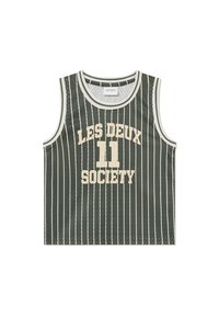 Zöld csíkos ujjatlan felső, hálós anyagból, kerek nyakkivágással, középen krém színű felirattal: "LES DEUX 11 SOCIETY".