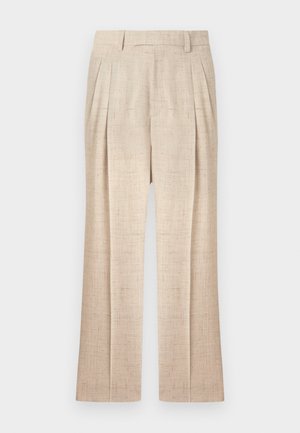 Pantalon beige à jambes larges avec taille haute, plis devant, passants de ceinture, et motif en tissu texturé.