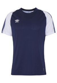 Námořnická modrá sportovní tričko s krátkým rukávem a bílými akcenty, kulatým výstřihem a texturovanými bočními panely. Obsahuje vyšitý logo na hrudi.