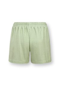 Helle grüne Shorts mit einem strukturierten Muster, das Schuppen ähnelt, mit einem elastischen Bund und einem lockeren Schnitt.