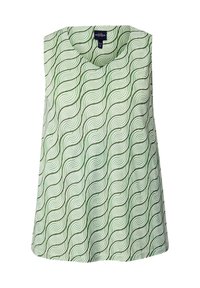 Top senza maniche in tessuto verde chiaro con un motivo ondulato in verde scuro e bianco. Design a V, vestibilità comoda, texture morbida.