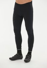 Svarta sportleggings med en åtsittande design, slät yta, ett cirkulärt vadderat område och grå accentlinjer längs vaderna.