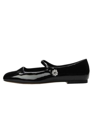 Ballerines en cuir verni noir avec un bout arrondi, une sangle décorative sur le cou-de-pied et un accent floral avec des strass.