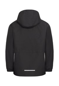 Giacca nera con cappuccio realizzata in tessuto liscio, caratterizzata da maniche lunghe, un accento riflettente sul retro e una silhouette rilassata.