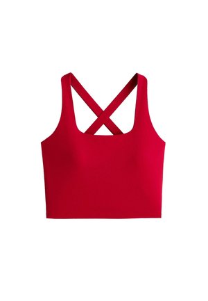 Top corto rosso con spalline larghe incrociate sul retro, realizzato in tessuto liscio, mostrato disteso su sfondo bianco.