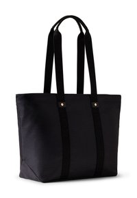 Borsa tote rettangolare nera con materiale testurizzato, doppie maniglie nere e dettagli in metallo dorato. Presenta un design interno spazioso.