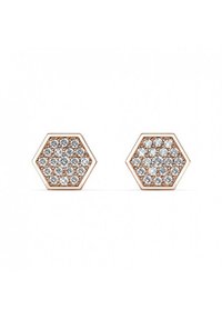 Orecchini esagonali in oro rosa con un insieme di cristalli trasparenti scintillanti disposti in un motivo a nido d'ape. Le dimensioni sono compatte e geometriche.