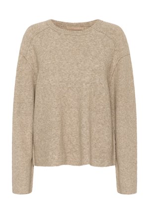 Pull en tricot beige avec une coupe décontractée, un col rond et des manches longues. Texture douce et motif subtil sur l'ensemble. Complète les tenues décontractées.
