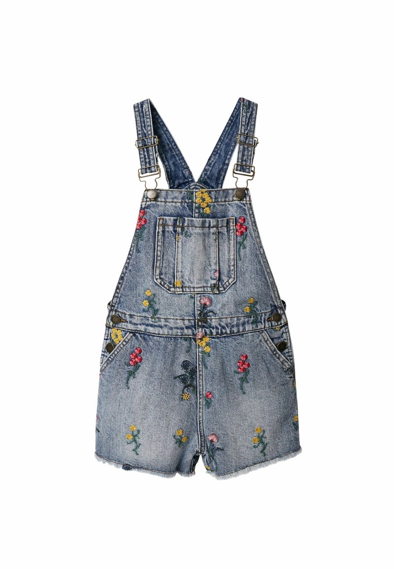 Džínové laclové kalhoty s nastavitelnými ramínky, světle modré barvy, s květinovou výšivkou v červené, žluté a zelené, krátké kraťasy a roztrhaný lem.