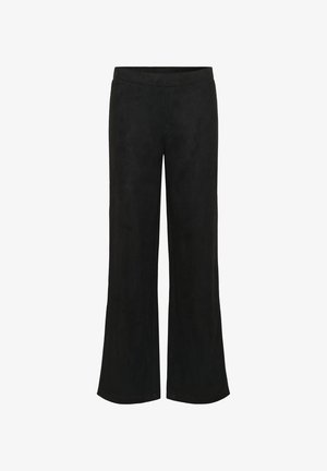 Black wide-leg pants made of soft fabric, featuring a smooth waistband and a flowing silhouette, suitable for various occasions.