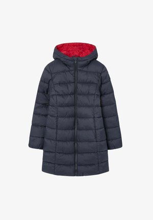Piumino navy con cappuccio, chiusura con zip e foderatura interna rossa. Presenta un design a righe orizzontali e maniche lunghe. Ideale per il freddo.