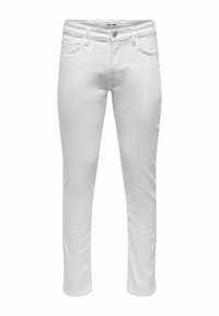 White denim pants with a slim fit, featuring five pockets, a button closure, and subtle stitching details. Smooth, textured fabric.