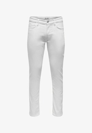 White denim pants with a slim fit, featuring five pockets, a button closure, and subtle stitching details. Smooth, textured fabric.
