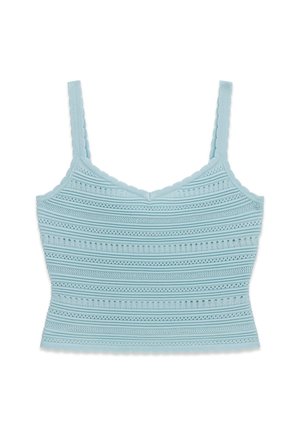 Hellblaues, gestricktes Crop-Top mit gewellten Kanten und dünnen Schulterträgern, mit horizontalen, offenen Streifenmustern.