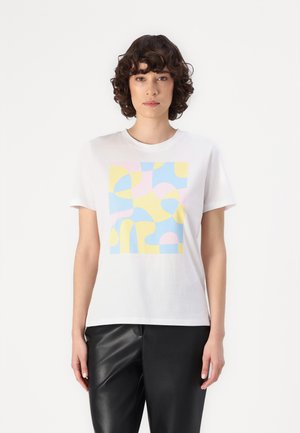 White cotton T-shirt with a square abstract print in pastel pink, blue, and yellow shapes. Crew neck and short sleeves.