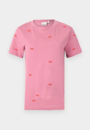 T-shirt en coton rose à manches courtes avec broderies de nœuds rouges éparpillés. Encolure ras du cou et design à coupe standard.