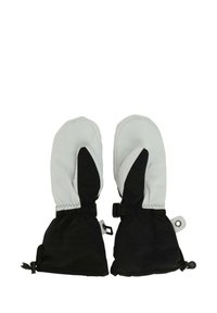 Schwarze und graue wasserdichte Fäustlinge mit verstellbaren Bündchen, glattem Stoff, ergonomischer Form und elastischem Zugband für sicheren Sitz.
