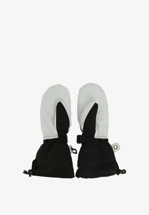Mittens impermeabili neri e grigi con polsini regolabili, tessuto liscio, forma ergonomica e cordoncino elastico per una vestibilità sicura.